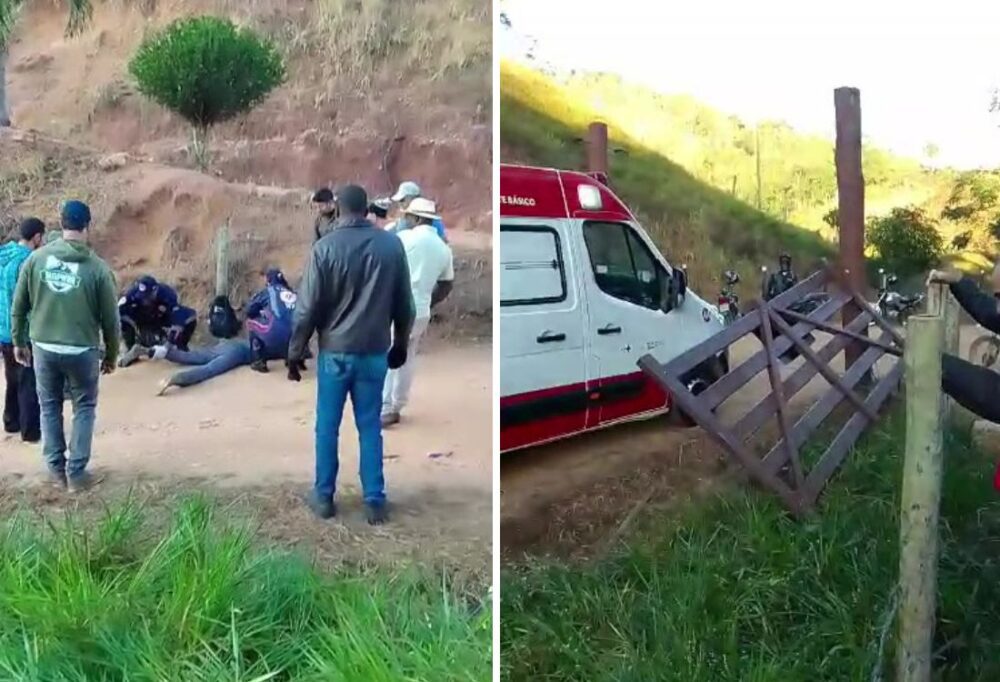Dois homens ficam feridos após caírem de moto e arrebentar porteira