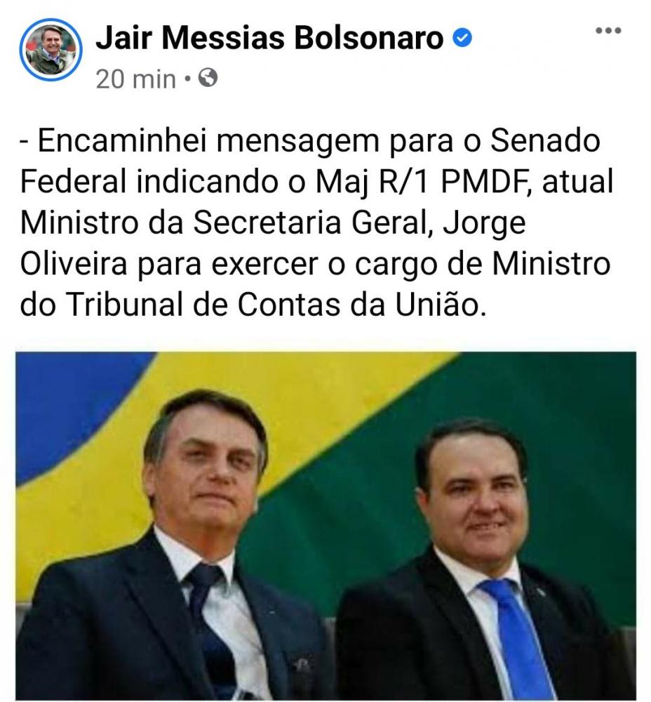 URGENTE – BOLSONARO CONFIRMA JORGE OLIVEIRA PARA VAGA DO TCU