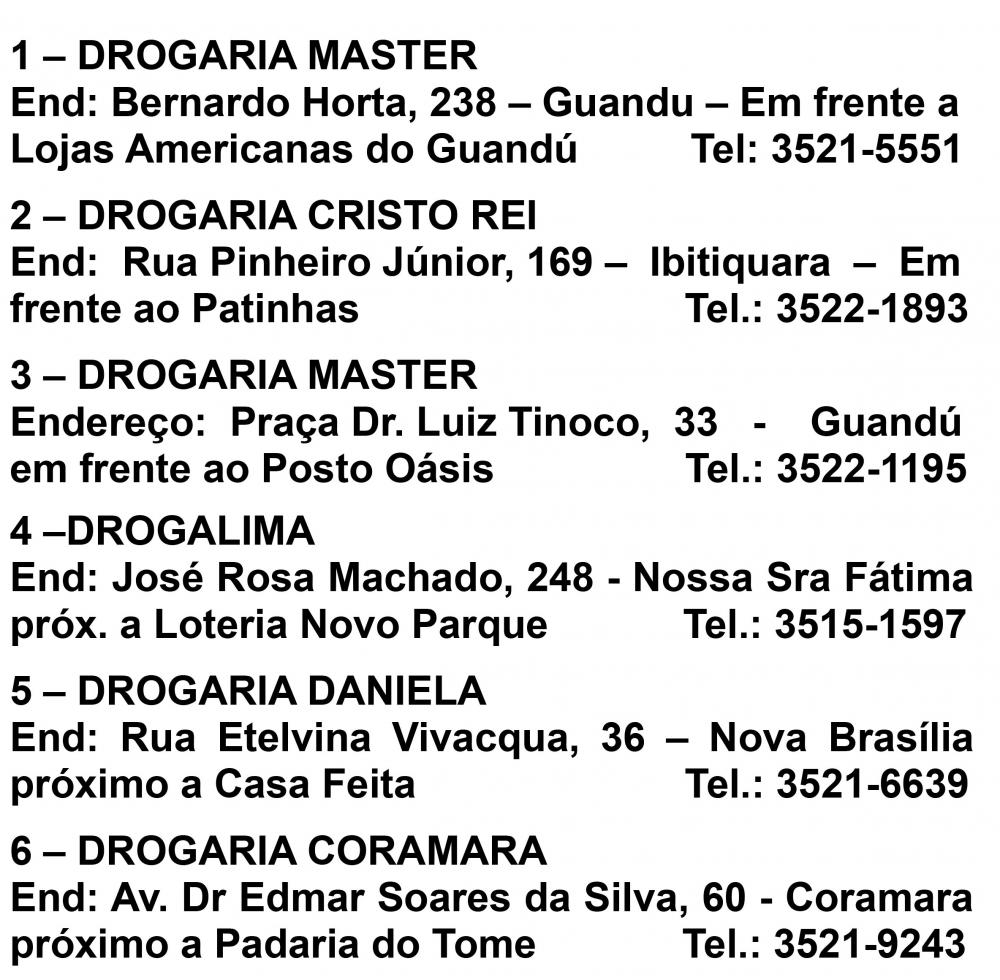 FARMACIAS DE PLANTÃO - SEGUNDA, 12/10/2020
