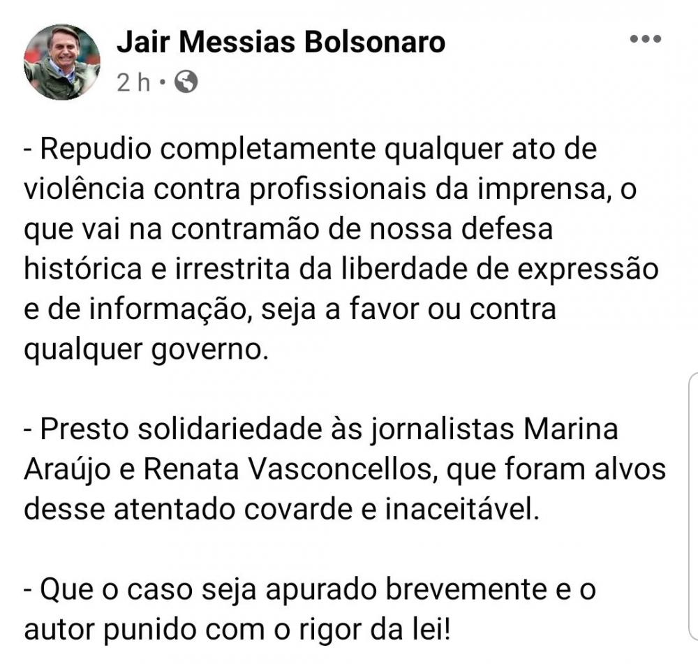 O presidente se pronunciou a respeito do caso de atentado a jornalista e repudiou.