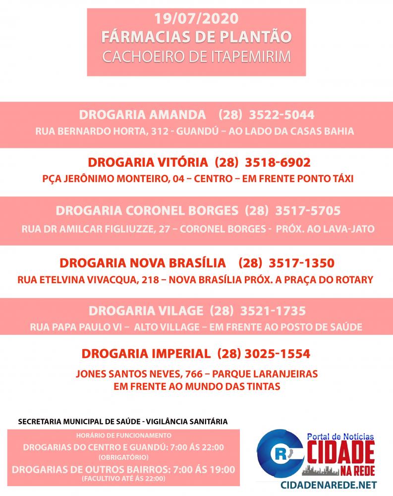 FARMÁCIAS DE PLANTÃO NESSE DOMINGO, 18/07/2020